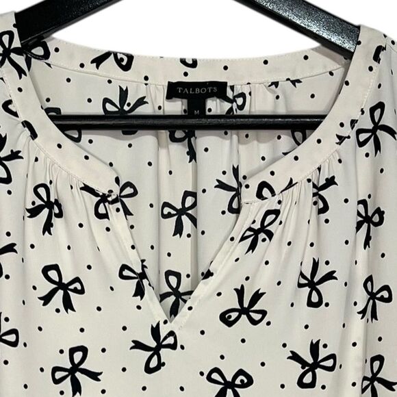 Talbots Smocked Sleeve Bow Top Womens Medium Black/White Split Neck Blouse - Picture 3 of 6
